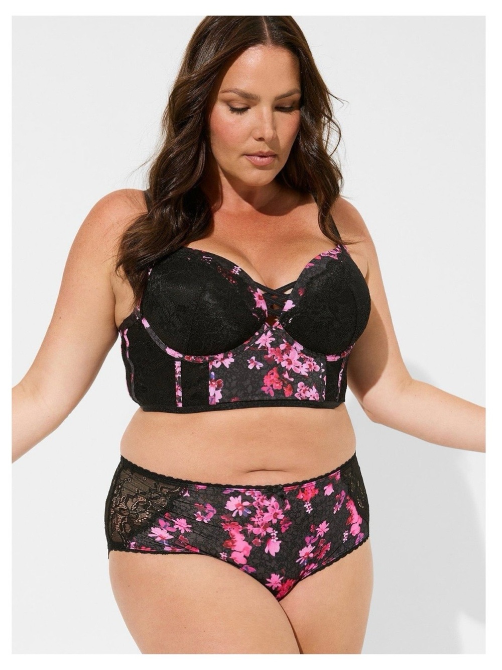 Torrid XO Plunge Pushup Longline Lace Bra, Pink Floral Trim 40D, Underwear set 1
